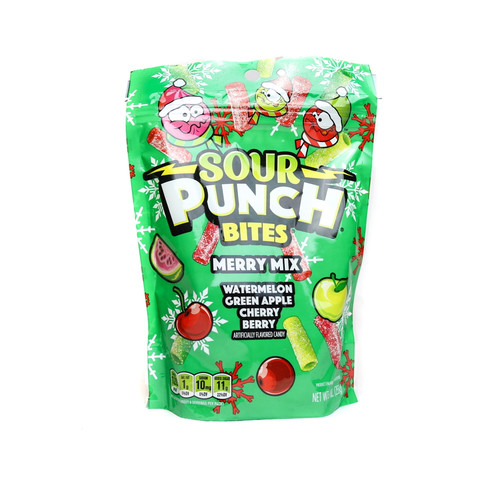 Sour Punch Merry Mix Bites, Soft & Chewy Sour Candy Pieces, 9oz Bag