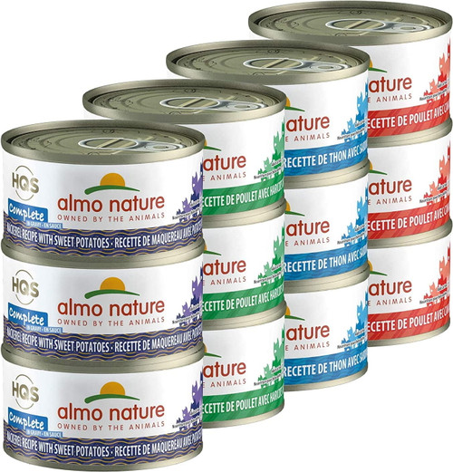 Almo Nature Hqs Natural Variety Pack Grain Free, Additive Free Recipes - Chicken W/duck (6); Tuna W/sardines (6); Chicken W/green Beans (6); Mackerel W/ Sweet Potatoes (6) Adult Cat Canned Wet Food