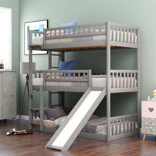 Twin Over Twin Over Twin Triple Bunk Bed With Slide And Ladder For Kids, Gray Wooden Boys Girls Bed Frame With Guard Rails, Can Divided Into 3 Single Beds, 78.1''l X 40.4''w X 77.6''h