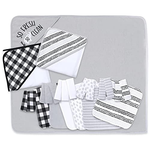 The Peanutshell Baby Hooded Towels And Washcloths Gift Bath Set, 23 Piece, Black And White Plaid And Stripe
