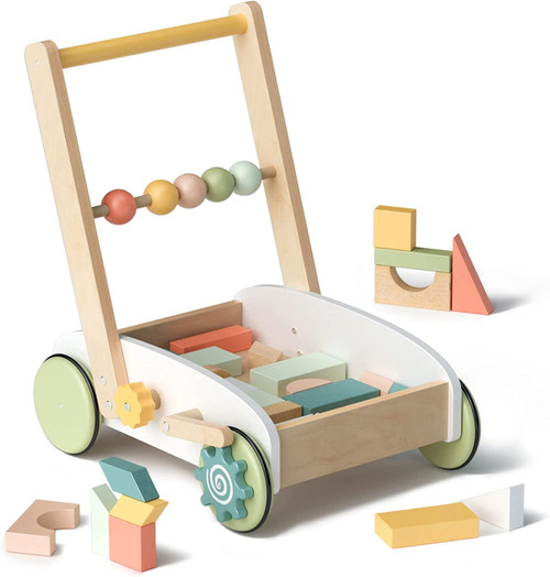 Wooden Baby Push Walker Toy With Blocks,baby Learning Walker Toddler Push Toys For 1 2 3 Yr Old, Toddler Activity Walker For Small Girls Boys 10 Month +