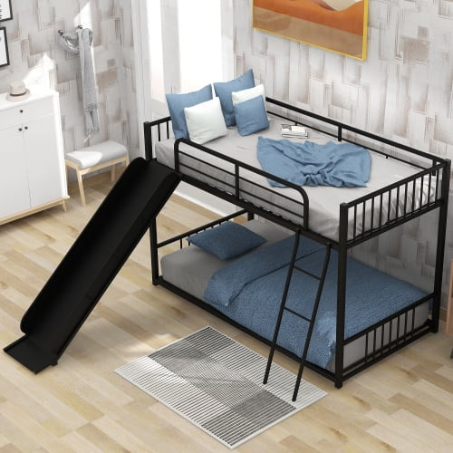Metal Bunk Bed With Slide, Twin Over Twin Bunk Bed Metal Bed Frame With Lnclined Ladder And Safety Full-length Guardrails, For Kids Teens Adults, Easy To Assemble, No Box Spring Required, Black