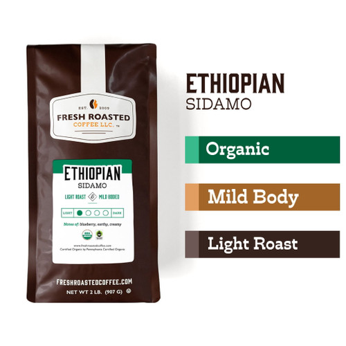 Fresh Roasted Coffee, Organic Ethiopian Sidamo Coffee, Light Roast, Whole Bean, 32 Oz