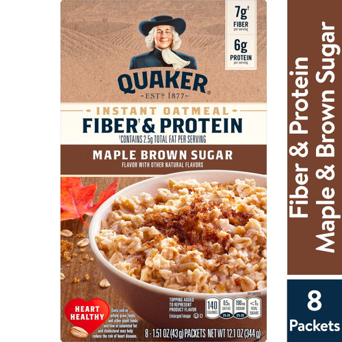 Quaker, Fiber & Protein Instant Oatmeal, Maple & Brown Sugar, 1.51 Oz, 8 Packets