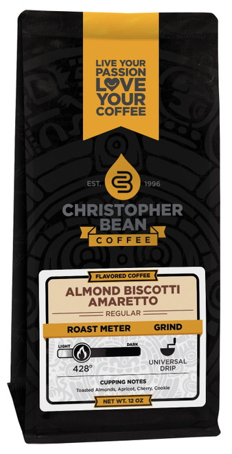Amaretto Almond Biscotti Flavored Regular Ground Christopher Bean Coffee, 100% Arabica, No Sugar, No Fats, Made With Non-gmo Flavorings, 12 Oz Bag