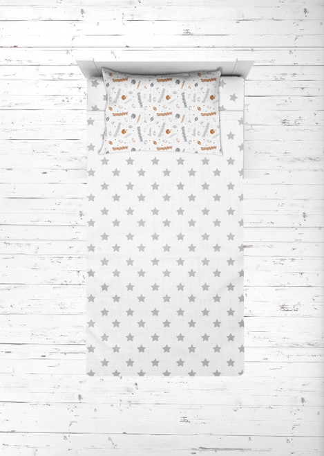 Bacati - Sports 100% Cotton Breathable Muslin 3-piece Toddler Bedding Sheet Set, Football Brown/grey