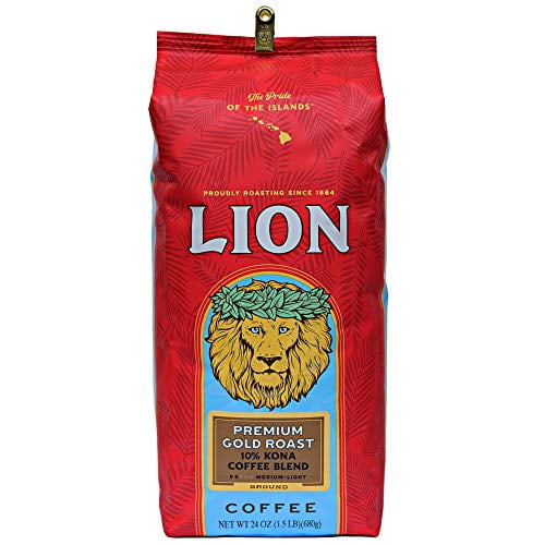 Lion Coffee, Premium Gold Roast, 10% Kona Coffee Blend, Ground, 24 Ounce Bag