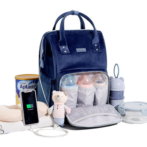 Sunveno Corduroy Diaper Bag Backpack, Large Capacity Tote Shoulder Nappy Bag Organizer For Baby Care With Insulated Pockets, Waterproof Fabric, Blue