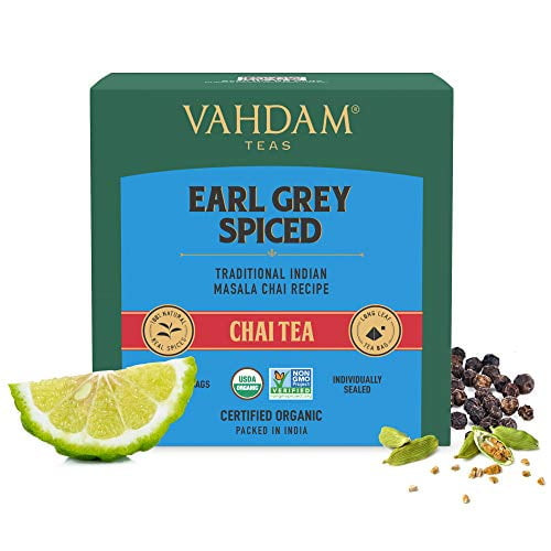 Vahdam, Earl Grey Masala Chai Tea Bag | 15 Tea Bags | 100% Natural Spices | Black Tea With Bergamot Oil | Spiced Chai Tea Bag | Earl Grey Tea | Brew Hot Tea, Iced Tea Or Chai Latte