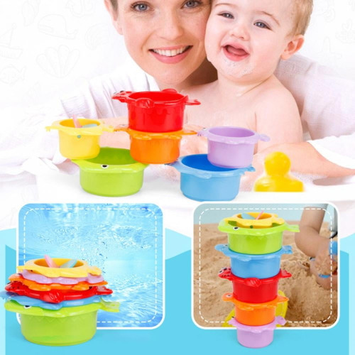 Small Fish Stacking Bath Cups For Toddlers, Rainbow Infant Nesting Cups For 1-3 Years Old, Baby Stack Cups With Sea Animal Shapes And Drain Holes For Tubs And Water Table Games