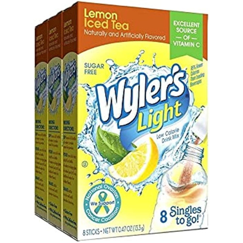 Wylers Light Singles To Go Powder Packets, Water Drink Mix, Lemon Iced Tea, 8 Packets Per Box, 24 Total Packets (pack Of 3)