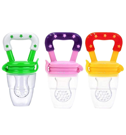 Baby Pacifier Food And Fruit Feeder, Silicone Teether, Small Size For Baby 4-6 Months Old, Green, Yellow & Pink - 3 Pack