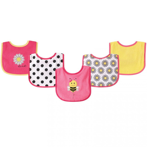 Luvable Friends Baby Girl Cotton Terry Drooler Bibs With Peva Back 5pk, Bee, One Size
