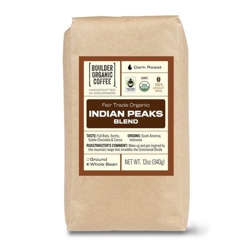 Boulder Organic Indian Peaks Blend Organic & Fair Trade Whole Bean Coffee, Dark Roast, 12 Oz. Bag, Roast To Order