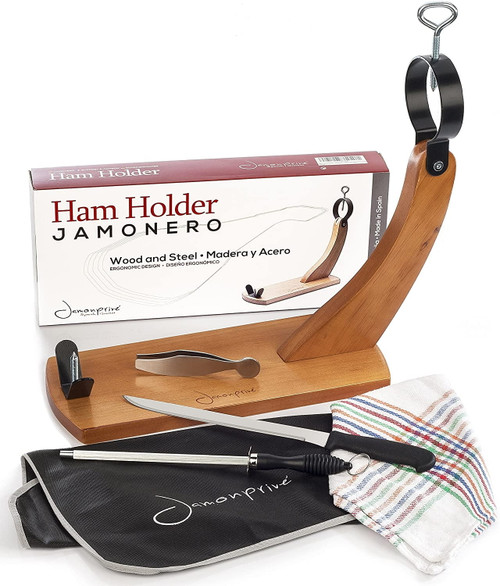 Ham Stand Spain With Knife And Sharpening Steel + Ham Cover + Kitchen Cloth + Tongs - Orginal Ham Holder For Spanish Hams And Italian Prosciutto