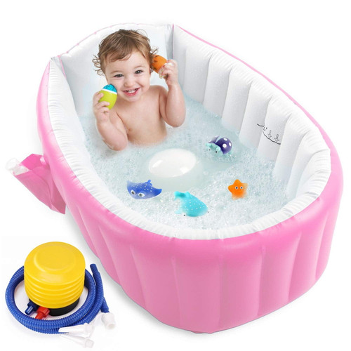 Inflatable Baby Bathtub With Air Pump, Portable Toddler Bathtub Baby Bath Tub Non Slip Travel Bathtub Mini Air Swimming Pool Kids Thick Foldable Shower Basin, Pink