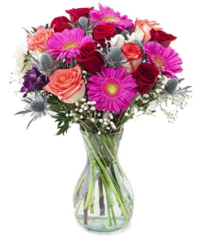 Sunset By Arabella Bouquets With A Free Elegant Hand-blown Glass Vase (fresh-cut Flowers, Pink, Red, White)