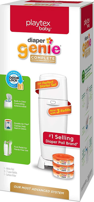 Playtex Diaper Genie Complete Diaper Pail, With Built-in Odor Controlling Antimicrobial, Includes 1 Pail And 3 Max Fresh Refills, White, White Pail (10078300115981)