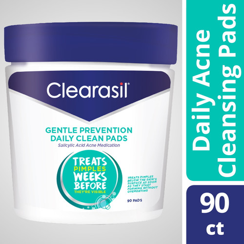 Acne Treatment Facial Cleansing Pads- Clearasil Gentle Prevention Daily Clean Pads With Salicylic Acid Acne Medication, 90 Count