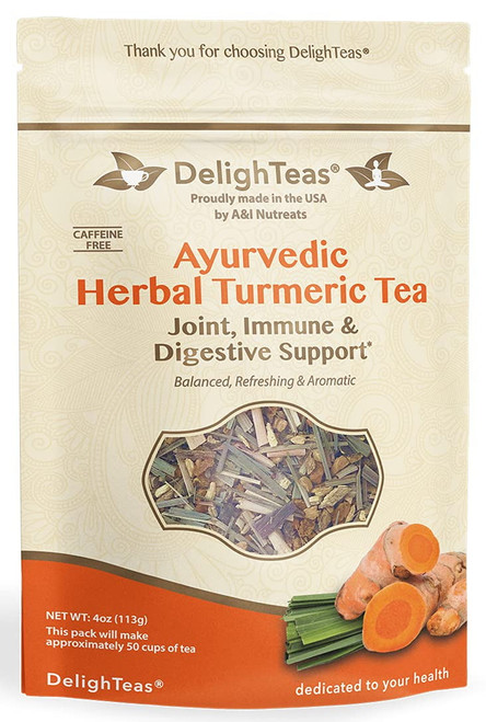Delighteas Ayurvedic Herbal Anti-inflammatory Turmeric Tea | Ginger Tea | Loose Leaf Tea | Organic, Non-gmo, Caffeine Free | Joint, Digestion And Immune Support | 4oz, 50 Cups