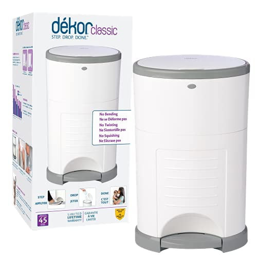 Dekor Classic Hands-free Diaper Pail | White | Easiest To Use | Just Step - Drop - Done | Doesn't Absorb Odors | 20 Second Bag Change | Most Economical Refill System
