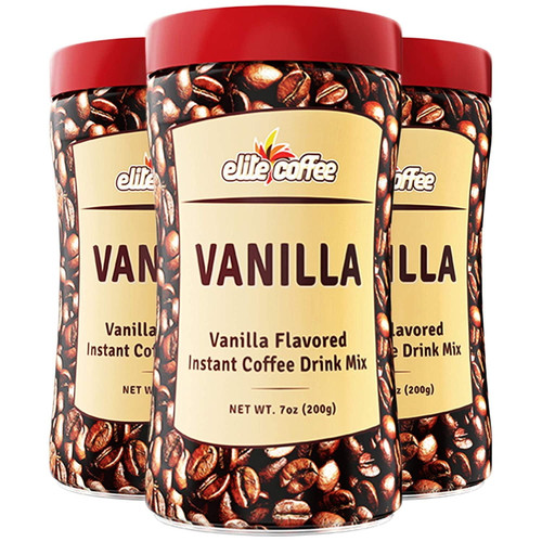 Elite Instant Coffee Vanilla Flavored Drink Mix 7oz 3 Pack Gluten Free, Resealable Tin Bottle