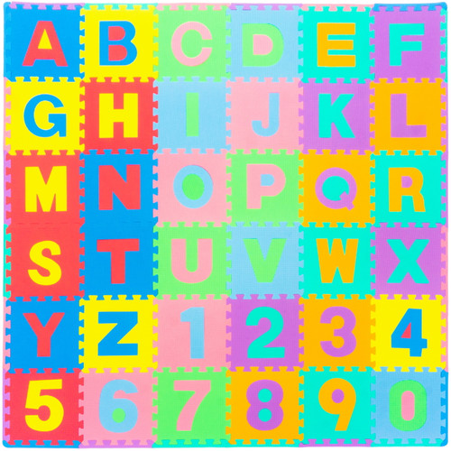 Prosource Kids Puzzle Alphabet, Numbers, 36 Tiles And Edges Play Mat, 12" By 12"