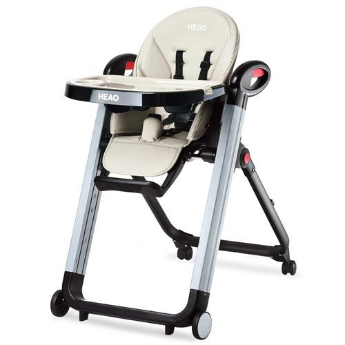 Heao Reclining High Chair  For Babies & Toddlers, Lightweight Portable Compact High Chairs, Removable Tray&4 Wheels- Beige