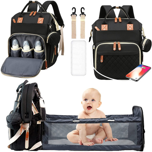 Diaper Bags Baby Backpack With Changing Pad, Large Capacity Travel Diaper Bag For Dad Mom, Multifunction Foldable Nappy Bags With Crib Pacifier Case Usb Charging Port Insulated Pockets Waterproof