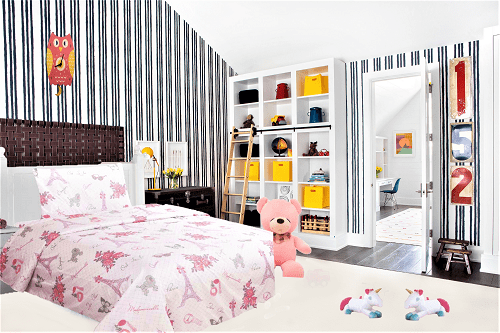 3pc Twin Sheet Set Paris 2 Bedding Super Soft Cozzy Flexible Charming Baby Kids Girl Boy Toddler Nursery Room Includes : 1 Flat Sheet, 1 Fitted Sheet & Pillow Case