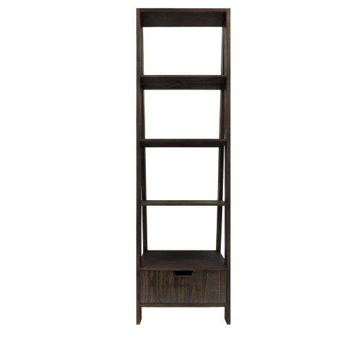 4 Shelf Wooden Ladder Bookcase With Bottom Drawer, Distressed Brown