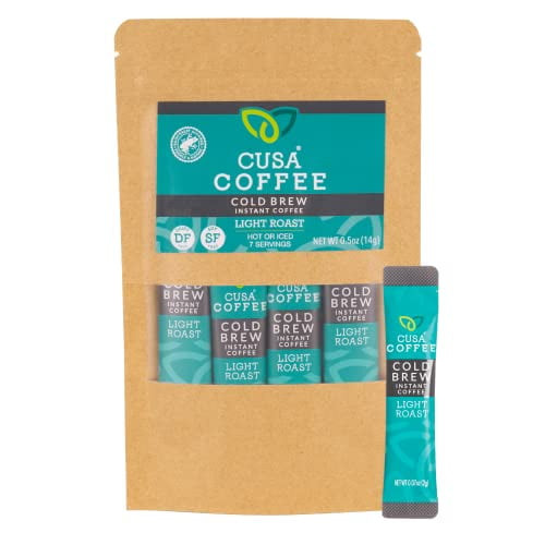 Cusa Tea & Coffee, Light Roast Cold Brew. Premium Instant Coffee, Rainforest Alliance Certified Arabica Beans. Drink Mix Packets Ready In Seconds, Makes Hot Or Iced Coffee (7 Servings)