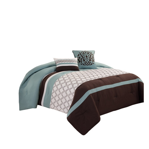 Quatrefoil King Size 8 Piece Fabric Comforter Set , Brown And Blue