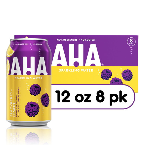Aha Sparkling Water, Blackberry + Lemon Flavored Water, Zero Calories, Sodium Free, No Sweeteners, 12 Fl Oz, 8 Pack