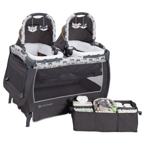Baby Trend Twins Nursery Center Playard With Travel Bag - Goodnight Forest Gray