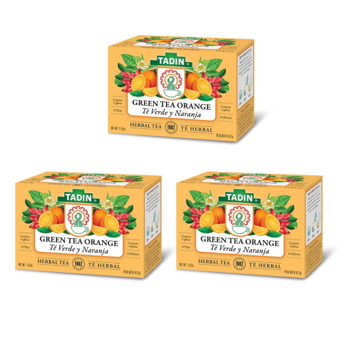 Tadin Green Tea And Orange Herbal Tea. Rich In Vitamins And Antioxidants. Natural. Contains Caffeine. 24 Teabags. 1.61 Oz. Pack Of 3