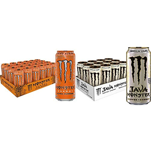 Monster Energy Ultra Sunrise, Sugar Free Energy Drink, 16 Ounce (pack Of 24) & Java Monster Vanilla Light, Coffee + Energy Drink, 15 Ounce (pack Of 12)
