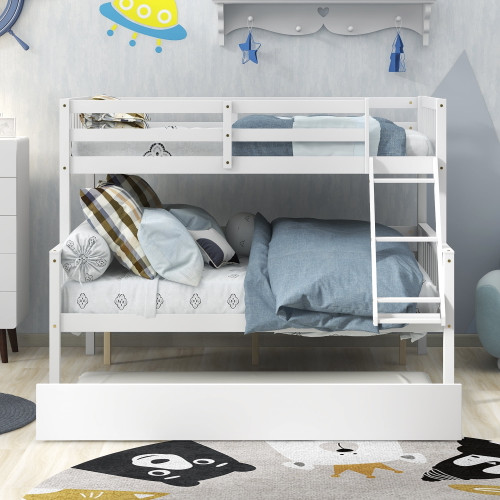 Maboto Twin Over Full Bunk With Trundle, Solid Pine Wood Trundle Bed Frame With Safety Rail And Ladder, Kids/teens/adults Bedroom, Guest Room Furniture, Can Be Converted Into 2 Beds,white