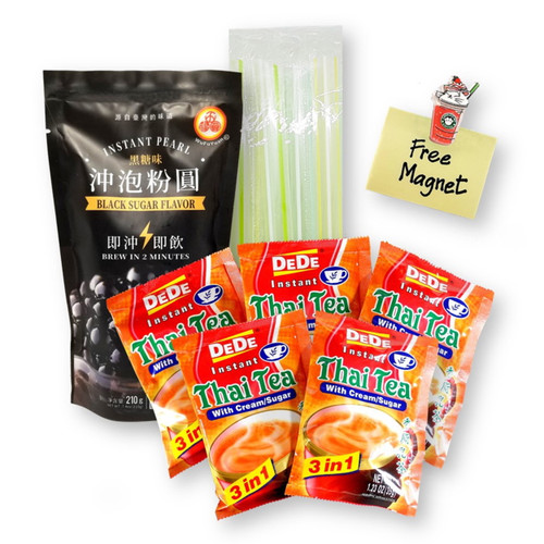 Secret Pantry Bubble Tea Diy Thai Boba Iced Tea Kit With 5 Dede Instant Thai Tea, Wfy Instant Black Tapioca Pearls, 5 Boba Straws & Bubble Tea Magnet (12-pc Set)