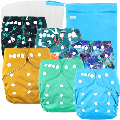 Cloth Diapers Reusable For Boys And Girls, Baby Diaper 6pack With 6pack Bamboo Inserts & 1pack Wet Bag (bright Fish)