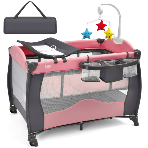Babyjoy 3 In 1 Baby Playard Portable Infant Nursery Center W/ Music Box Pink