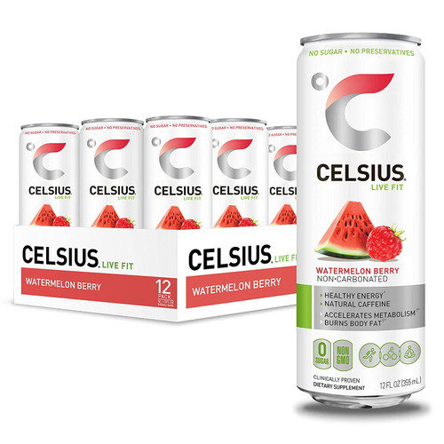 Celsius Sweetened With Stevia Watermelon Berry Non-carbonated Fitness Drink, Zero Sugar, 12oz. Slim Can (pack Of 12)