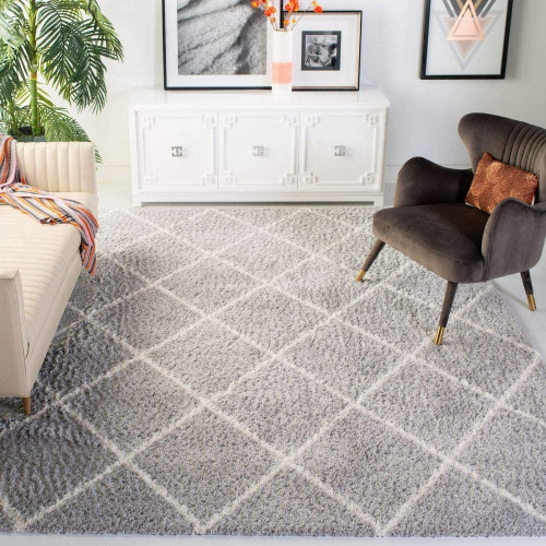 Safavieh Parma Shag Collection Pma515g Moroccan Trellis Non-shedding Living Room Bedroom Dining Room Entryway Plush 1.2-inch Thick Area Rug, 12 X 15, Grey / Cream 12 X 15 Grey / Cream