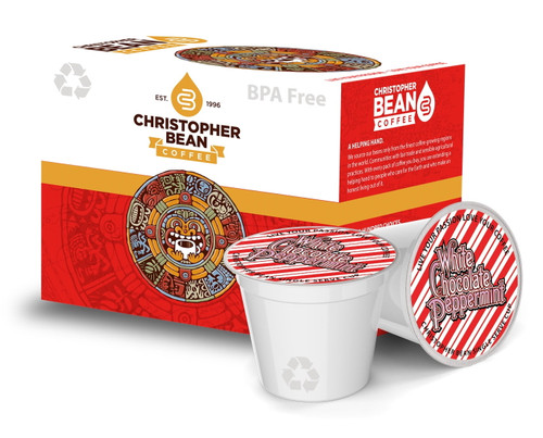 White Chocolate Peppermint Single Coffee Cup, (decaf) 100% Recyclable Single Serve Flavored Pod, 100% Arabica, No Sugar, No Fats, Non-gmo, 18 Cups Per Box - Christopher Bean