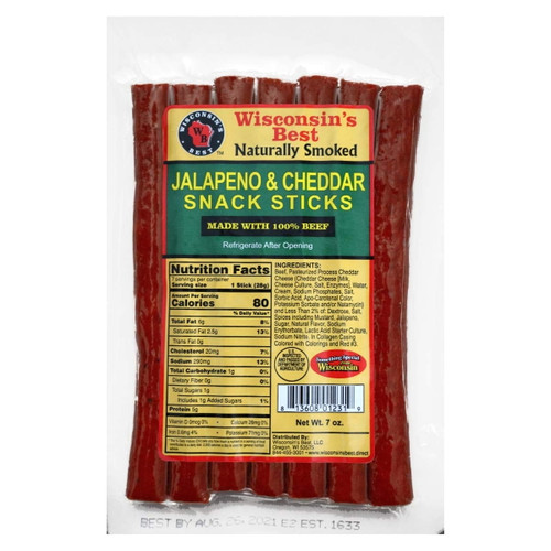 Wisconsin's Best Jalapeno & Cheddar Snack Sticks, 7oz, 1 Ct, Shelf Stable, Healthy Protein Snacks, High In Protein, Low In Sugars, Low Carb Meat Snacks, Keto Friendly
