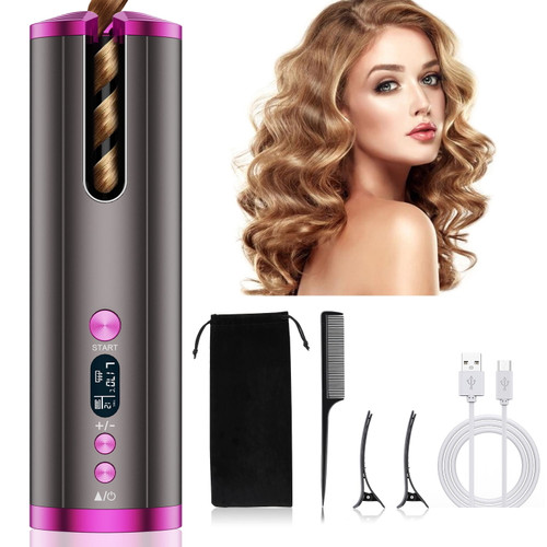 Yelite Hair Curling Iron, Cordless Auto Hair Curler With Lcd Display, Wavy Hair Curling Wand Best Gift For Mom Mother's Day, Gray
