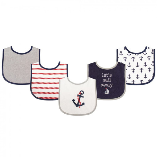 Luvable Friends Baby Boy Cotton Terry Drooler Bibs With Peva Back 5pk, Boy Nautical, One Size