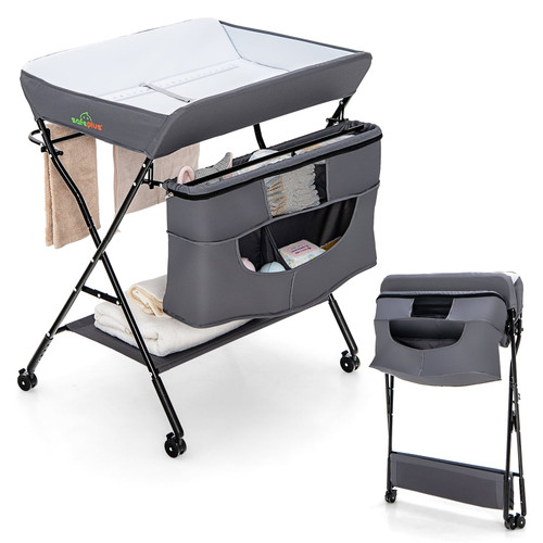 Babyjoy Baby Diper Changing Table W/ Storage Bag & Open Storage Shelf & Wheels Grey