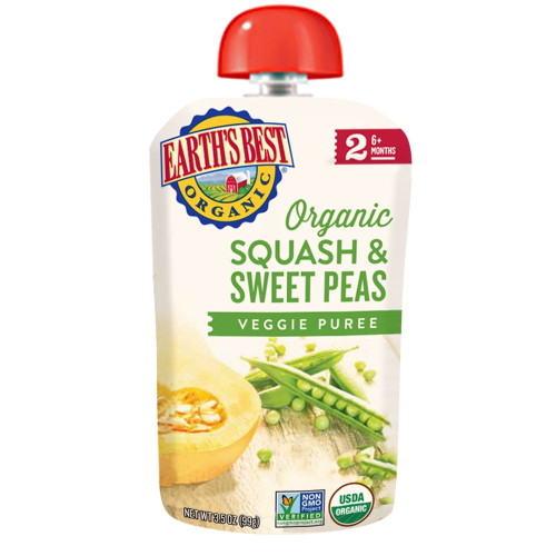 Earth's Best Organic Stage 2 Baby Food, Squash & Sweet Peas, 3.5 Oz Pouch