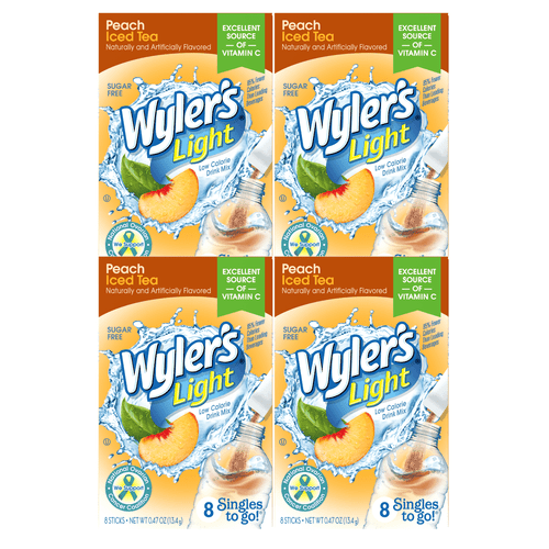 Wyler's Light Singles To Go Powdered Drink Mix Peach Iced Tea Flavor Water Enhancer Sugar-free Good Source Of Vitamin C Beverages Easy To Prepare Just Add Water 8 Sticks Each 4 Boxes 32 Total Servings